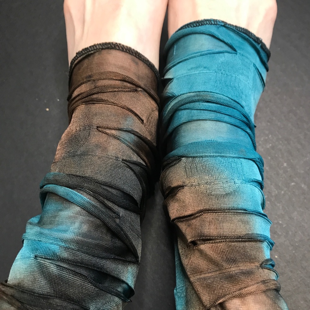 Womens Blue Mummy Leg Warmers Bandage Knee Socks Strappy Thigh Highs Brown Rave - Picture 6 of 6
